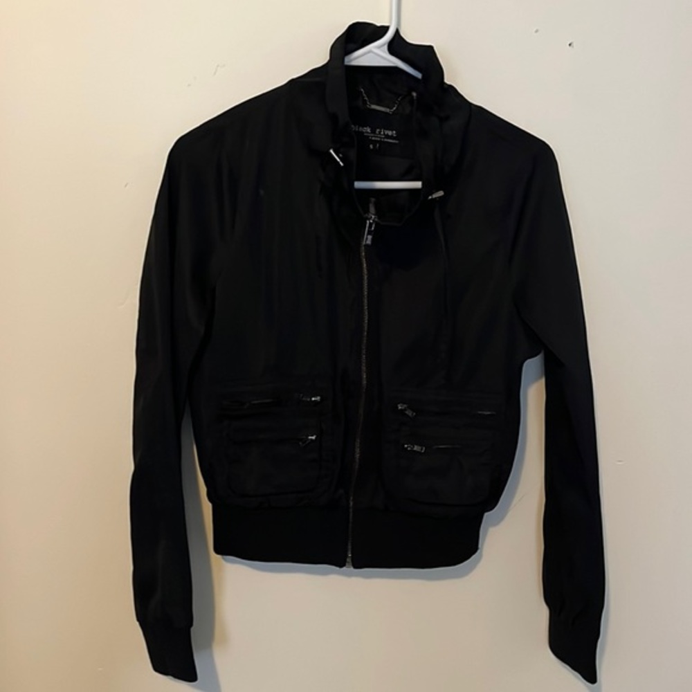 Black Rivet Black Cropped Moto Biker Jacket w/ Zipper Accents + Collar